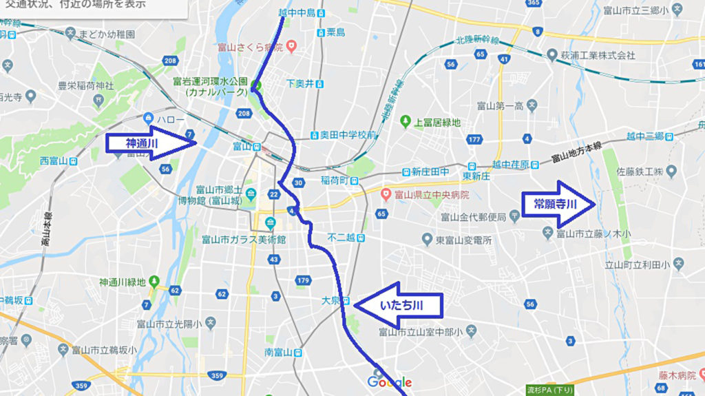 富山市を流れる川の地図