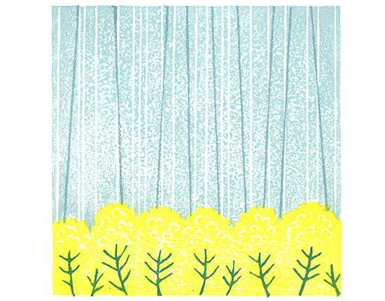 たかだみつみ木版画菜種梅雨