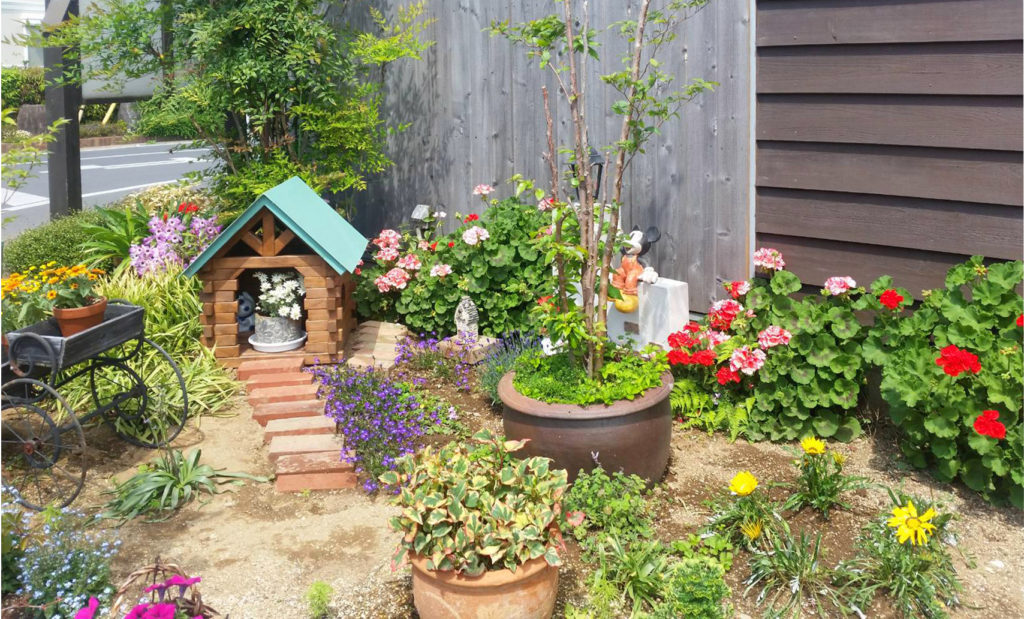手作りの犬小屋と庭